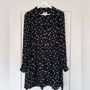 Sezane Black Floral Button-Front Long Sleeve Dress